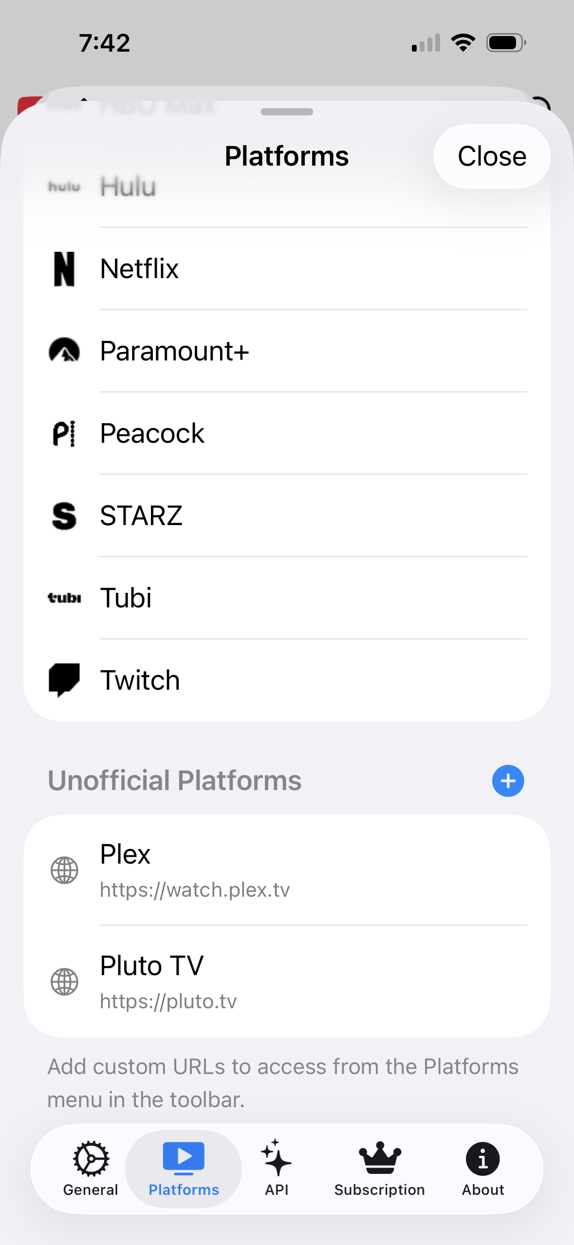 The custom platform form on iPhone with fields for the site's name and address