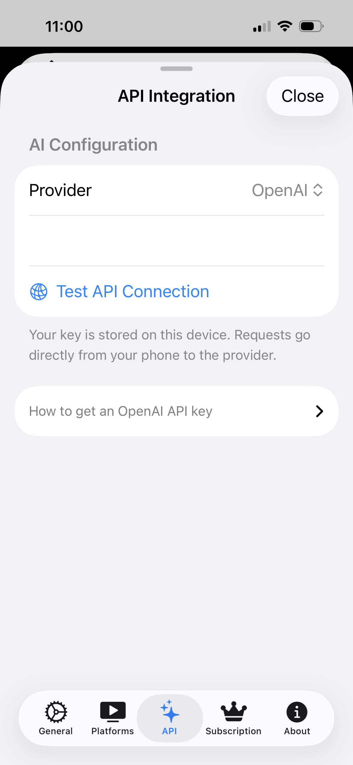 Adding an AI provider API key in Mira's settings on iPhone