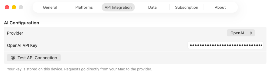 Mira's API Integration settings on Mac with a provider picker and API key field