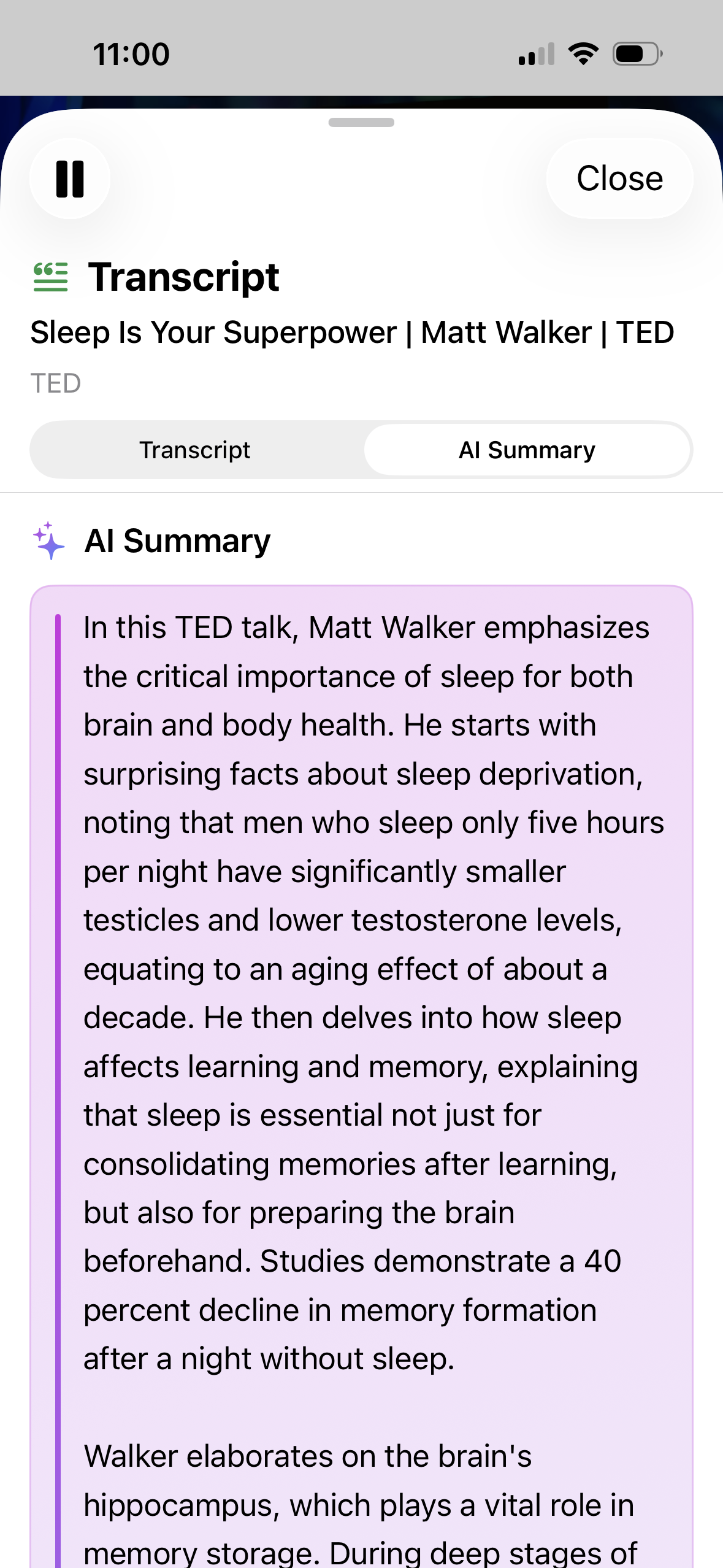 An AI-generated summary of a YouTube video in Mira on iPhone