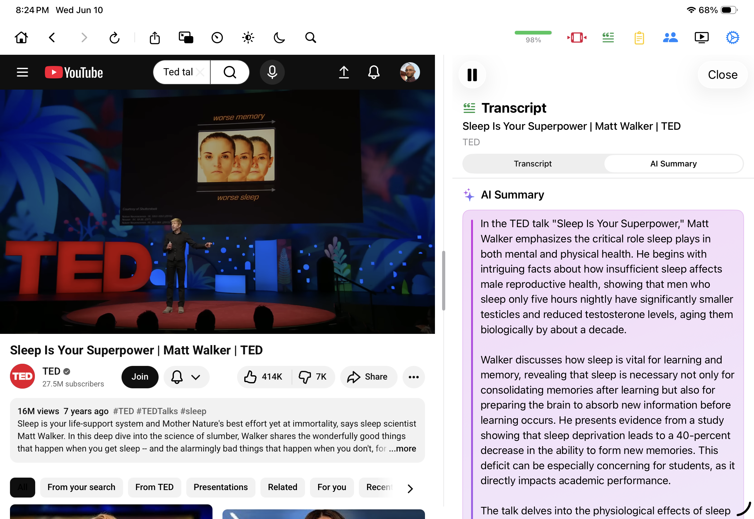 Mira's AI tab on iPad with a chat box for asking questions about a YouTube video