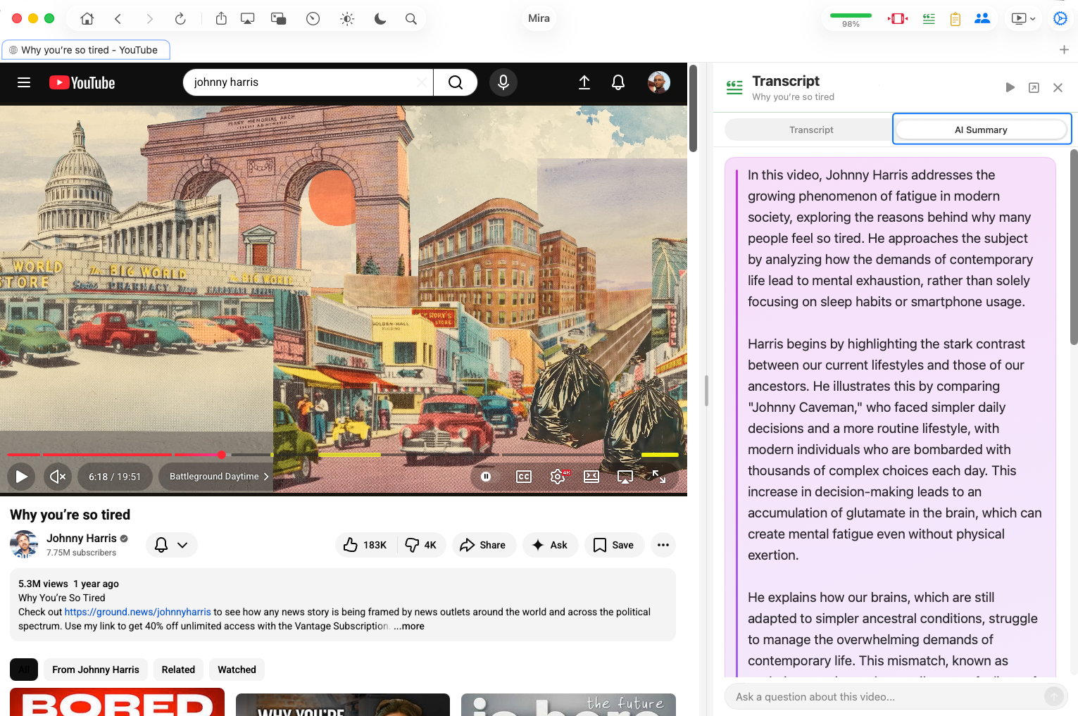 An AI summary of a YouTube video in Mira on Mac