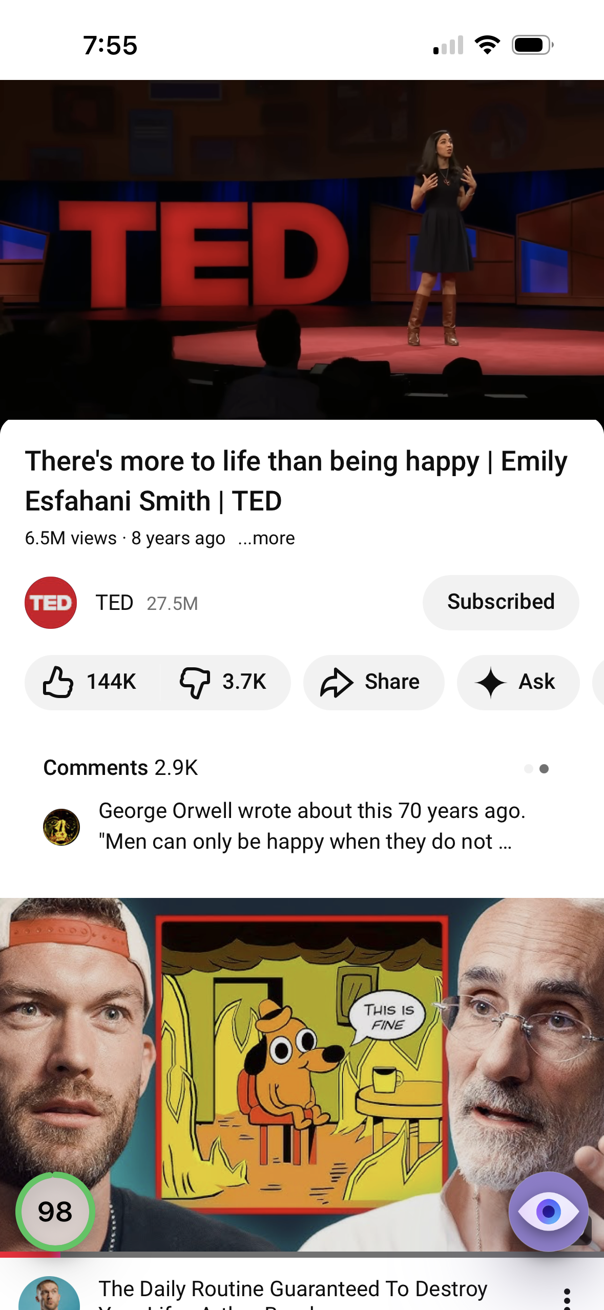Mira on iPhone showing a floating like-to-dislike ratio circle in the corner of a playing YouTube video