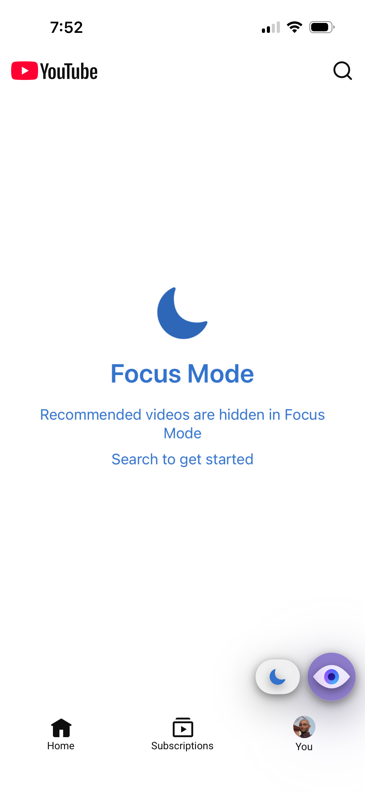 Focus Mode enabled in Mira on iPhone, showing a video without recommendations or comments