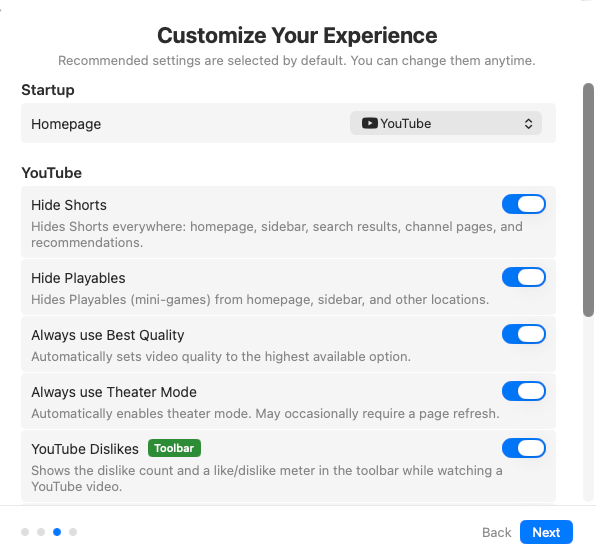 Mira's four-step first-launch setup on Mac with recommended options pre-selected
