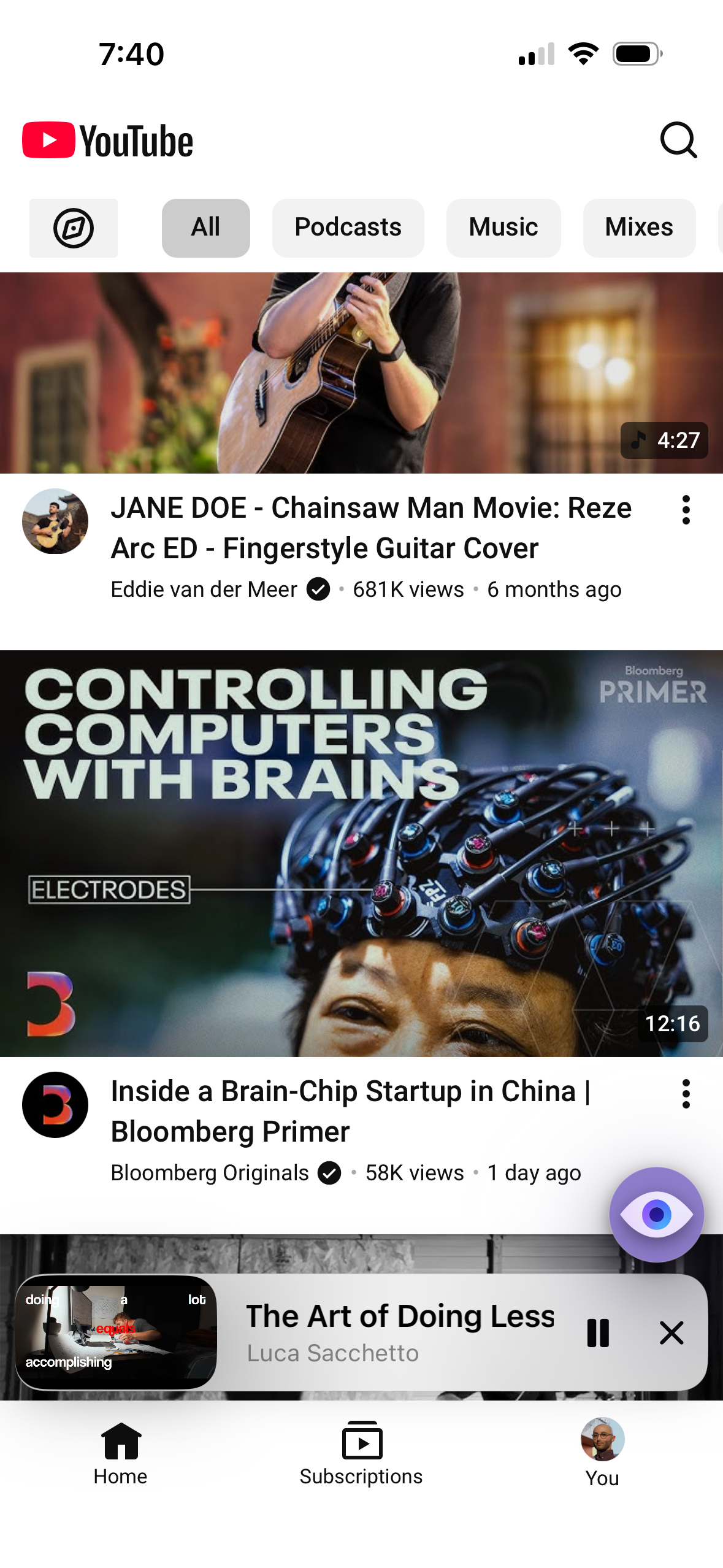 Mira's floating eye button on iPhone, which opens the tool menu of controls