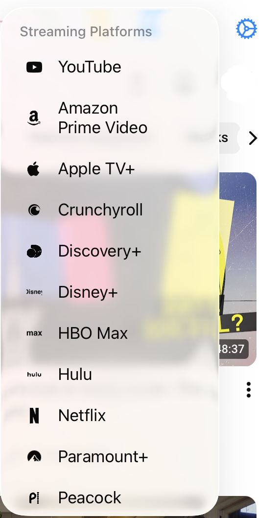 Mira's Platforms menu on iPad listing YouTube and other streaming services