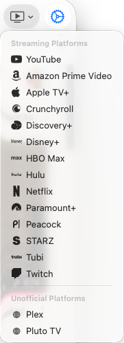 Mira's Platforms menu on macOS listing built-in streaming and video services
