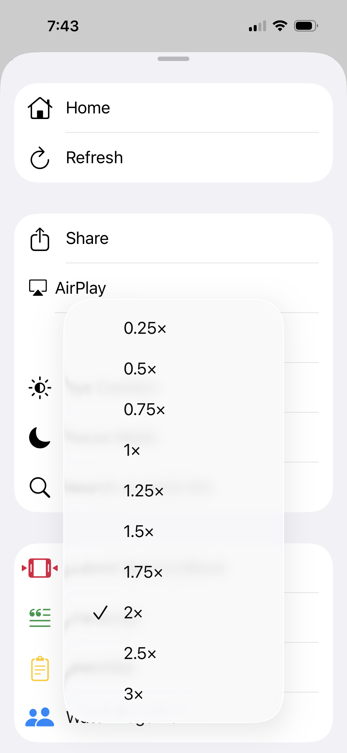 Mira's playback speed control on iPhone, opened from the tool menu