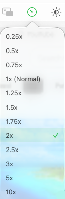 Mira's playback speed menu open on macOS with a range of speeds to choose from
