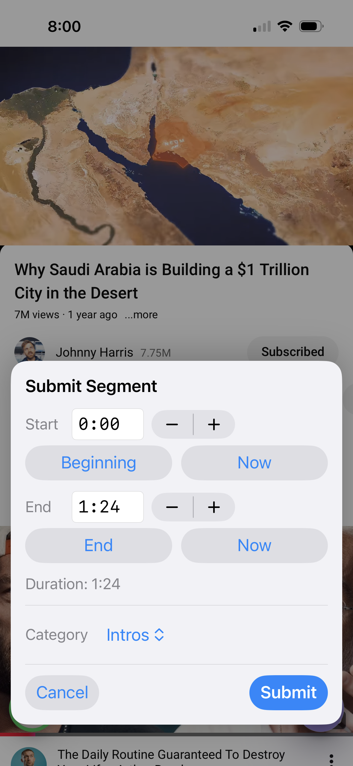 Submitting a new SponsorBlock segment in Mira on iPhone