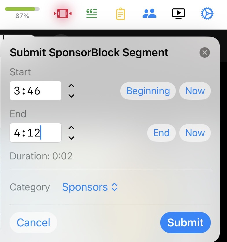 Submitting a new SponsorBlock segment in Mira on iPad