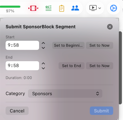 Submitting a new SponsorBlock segment in Mira on macOS, with start and end markers and a category picker