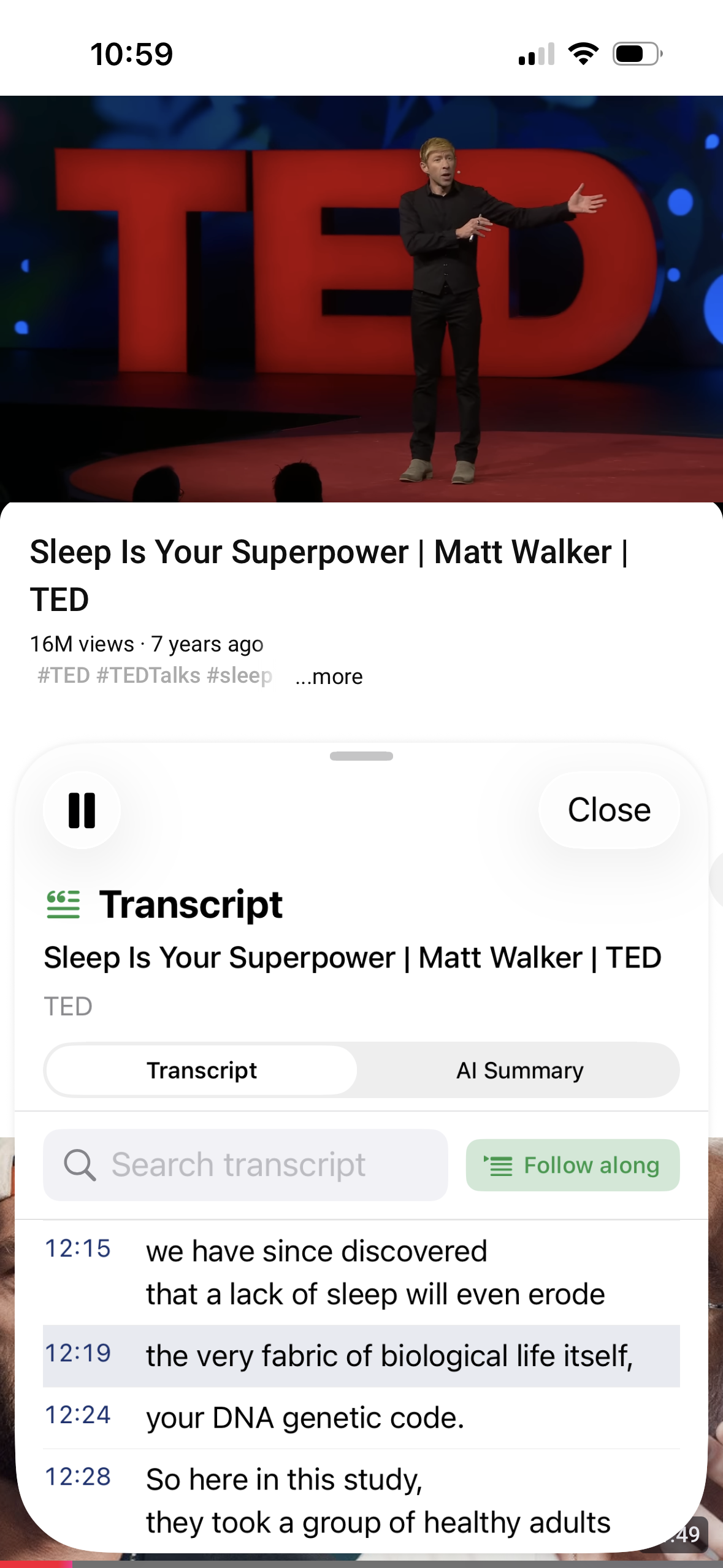Mira's transcript sheet on iPhone with search and timestamps