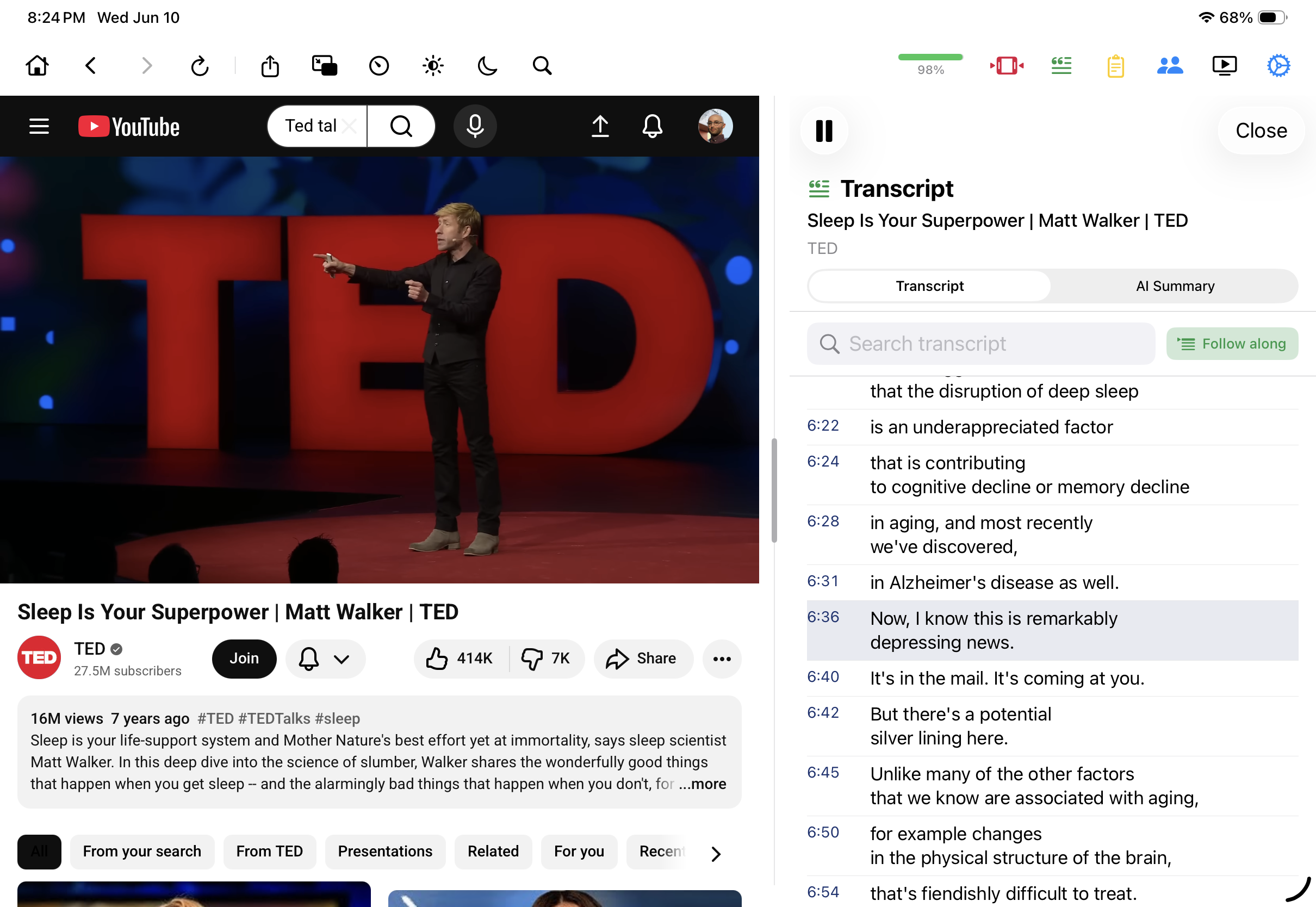 Mira on iPad with the transcript docked beside the video