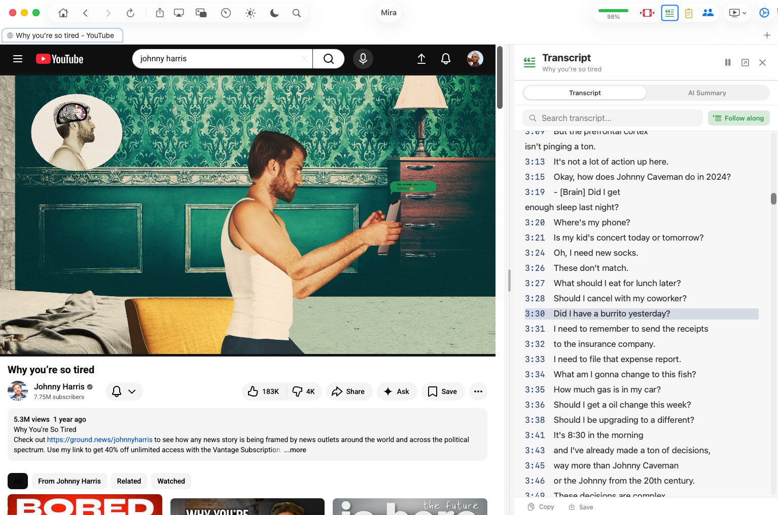 Mira's transcript panel on Mac with search and tap-to-seek timestamps