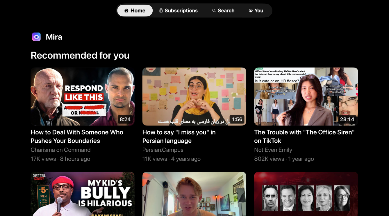 The Mira Home tab on Apple TV, a grid of recommended video thumbnails