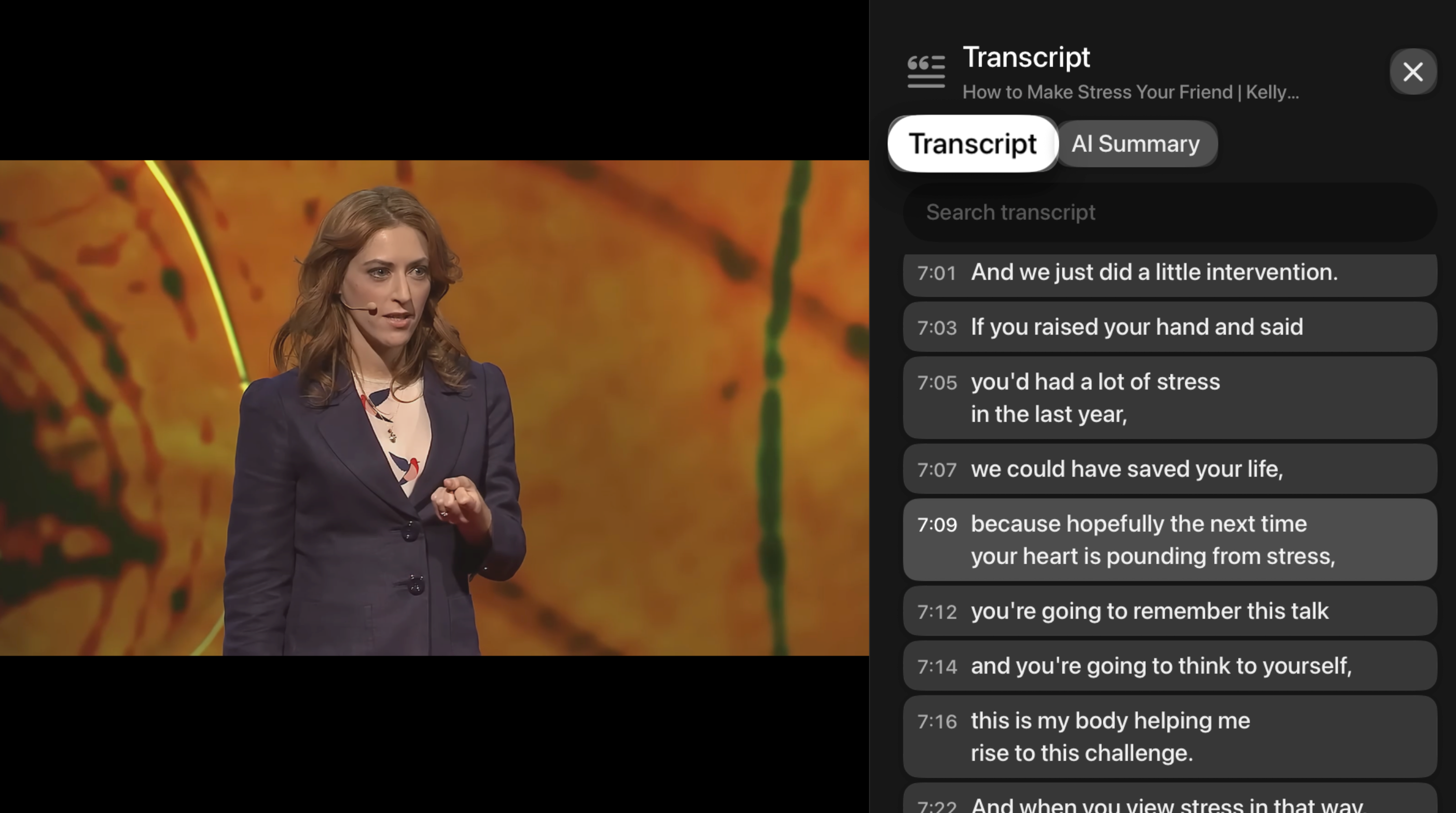 The transcript panel open beside a playing video on Apple TV, showing timestamped lines