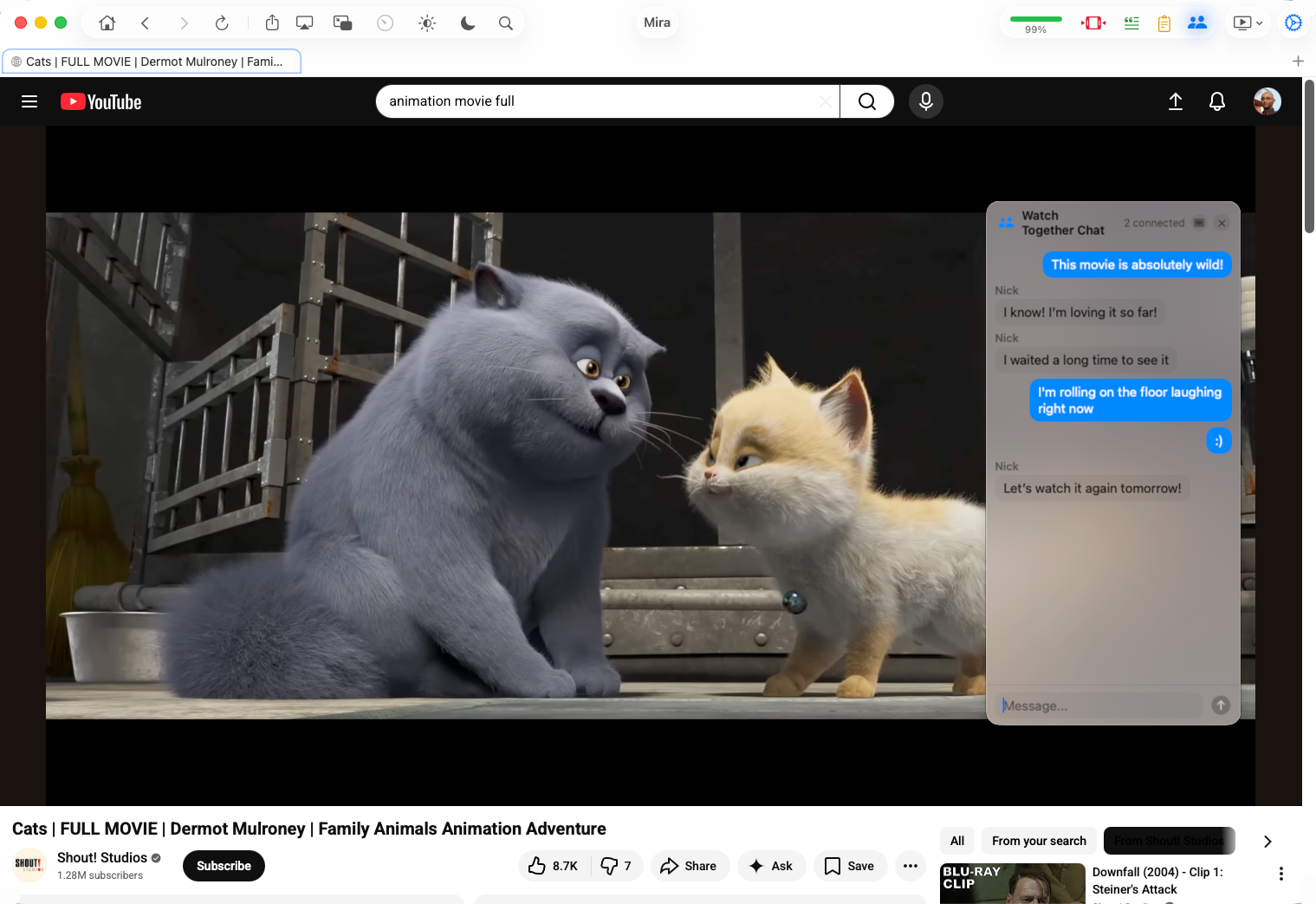 Watch Together chat panel beside a playing video in Mira on Mac