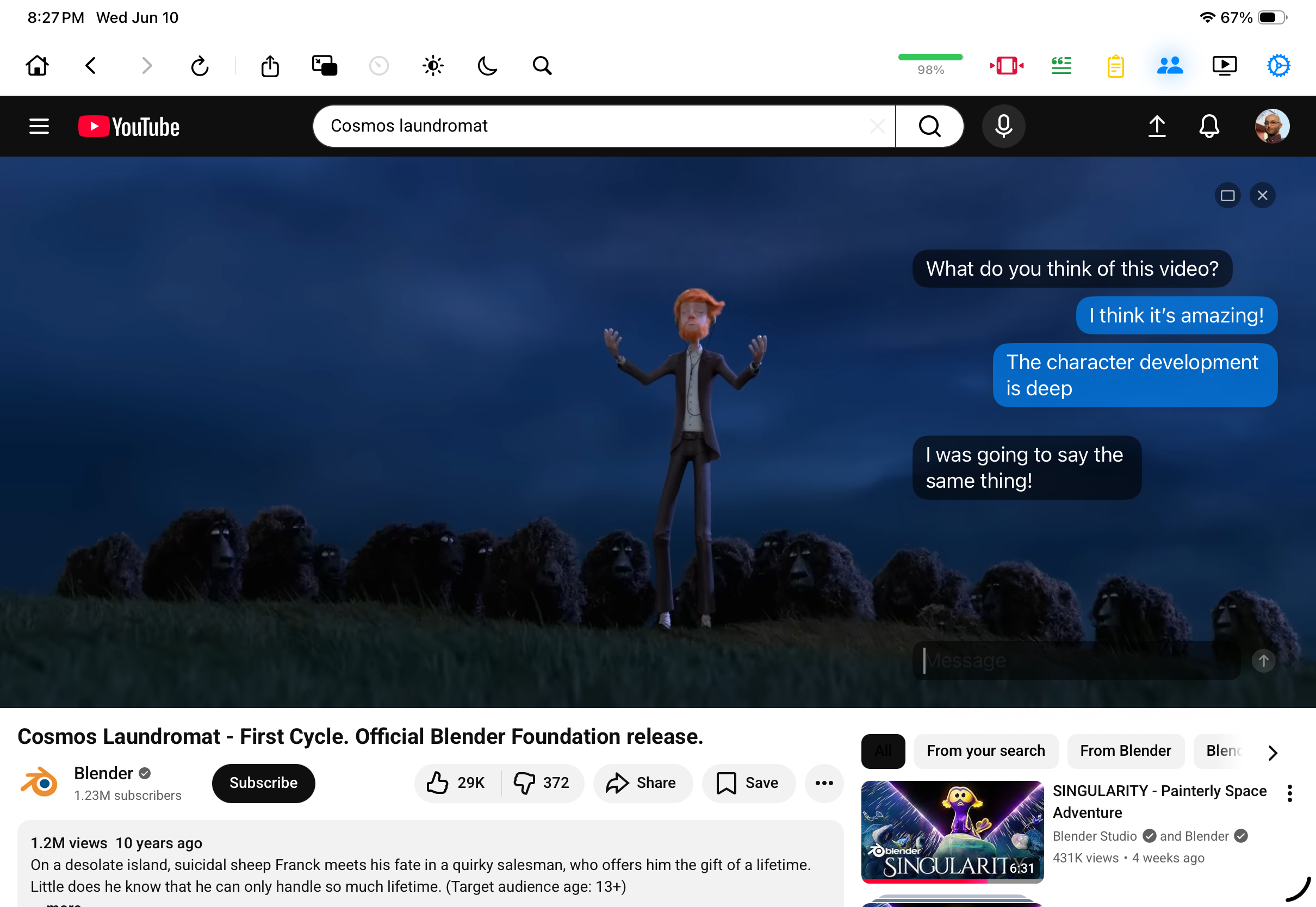 Watch Together's translucent chat overlay in Mira on iPad