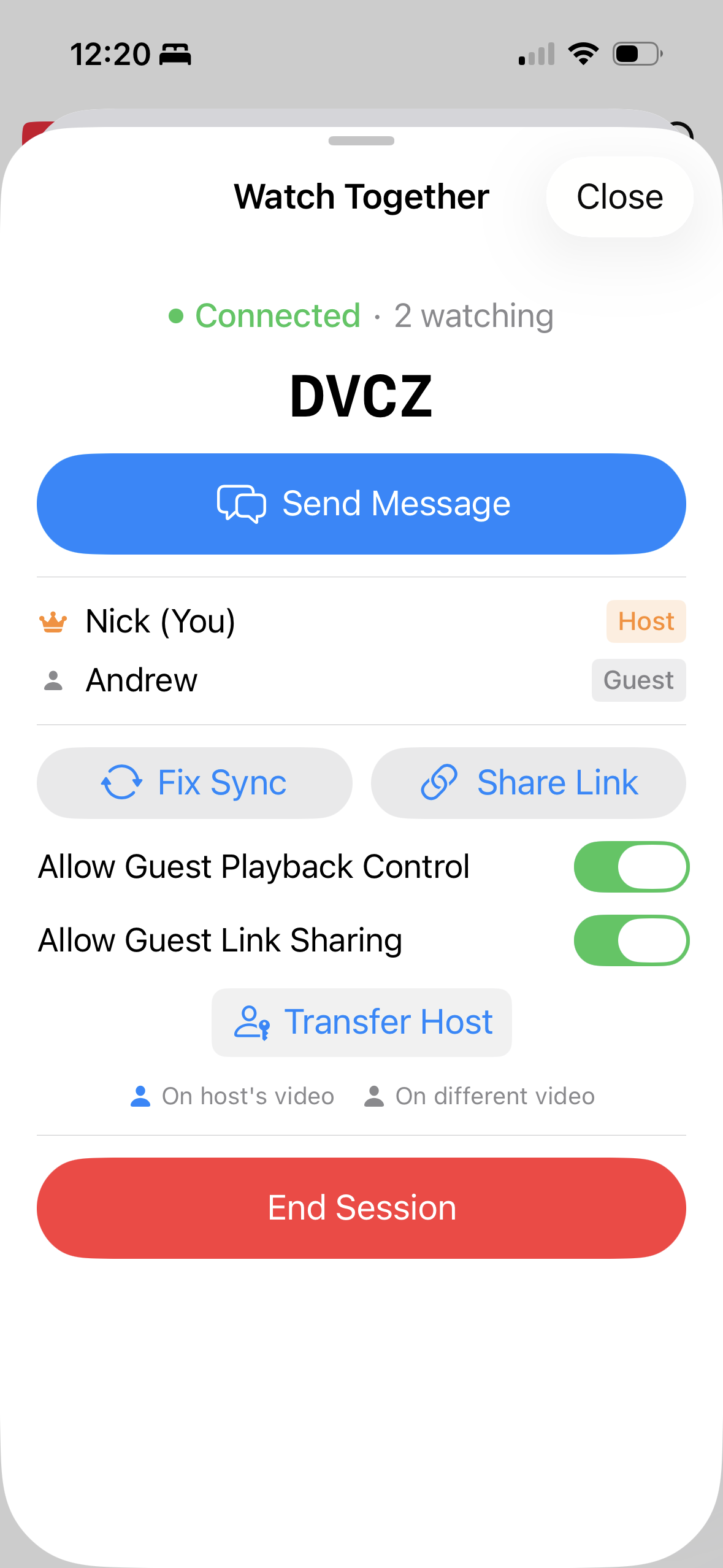 A Watch Together session in Mira on iPhone, showing the room code and the people connected