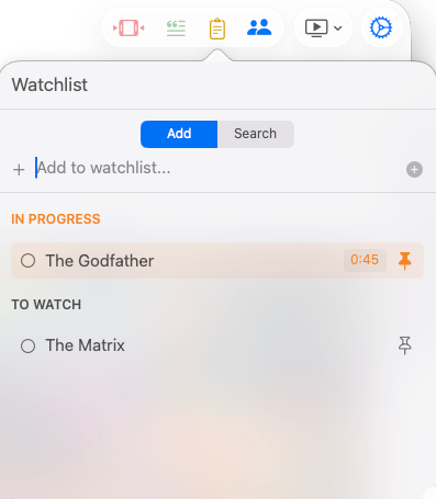 Mira's Watchlist on macOS showing saved videos organized into In progress, To watch, and Watched sections