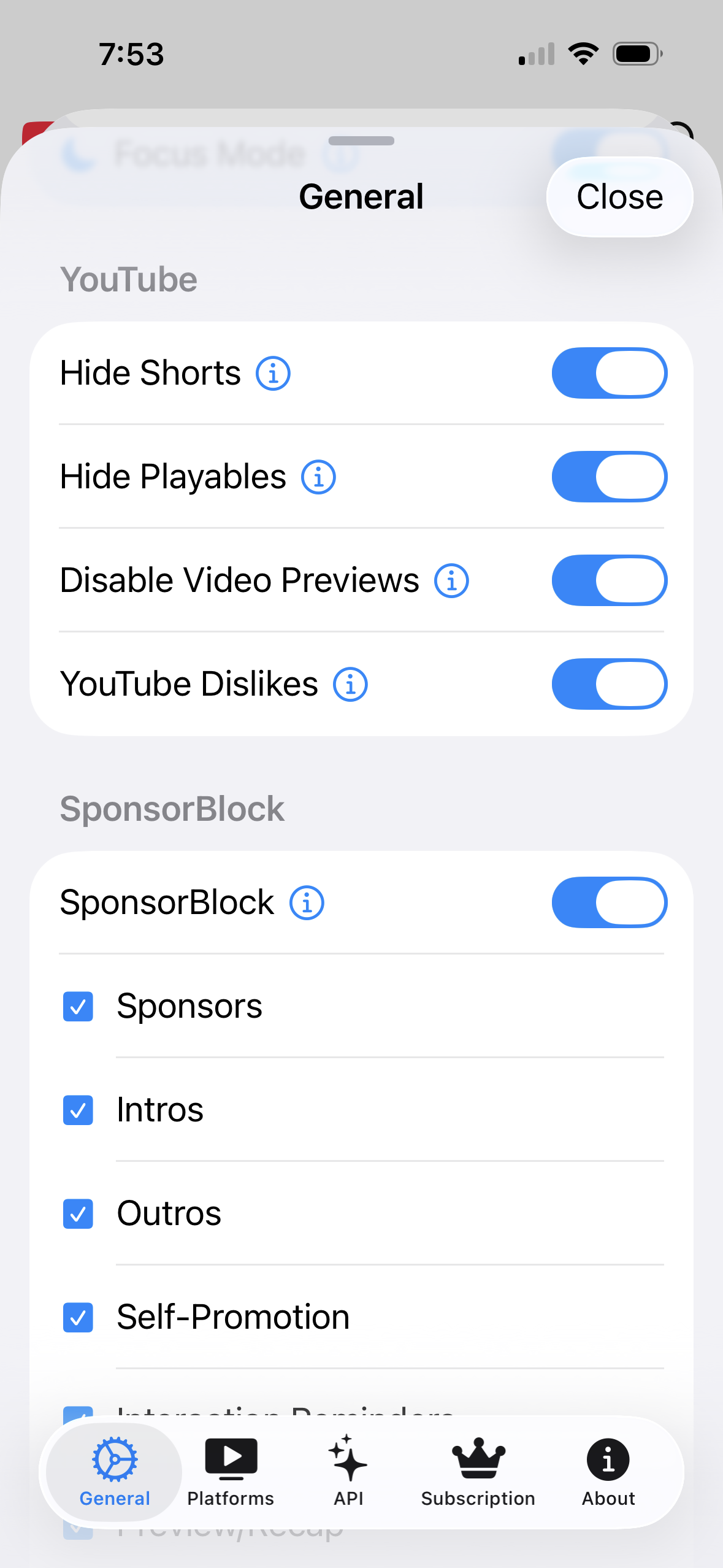 Mira's YouTube settings on iPhone, including SponsorBlock category options