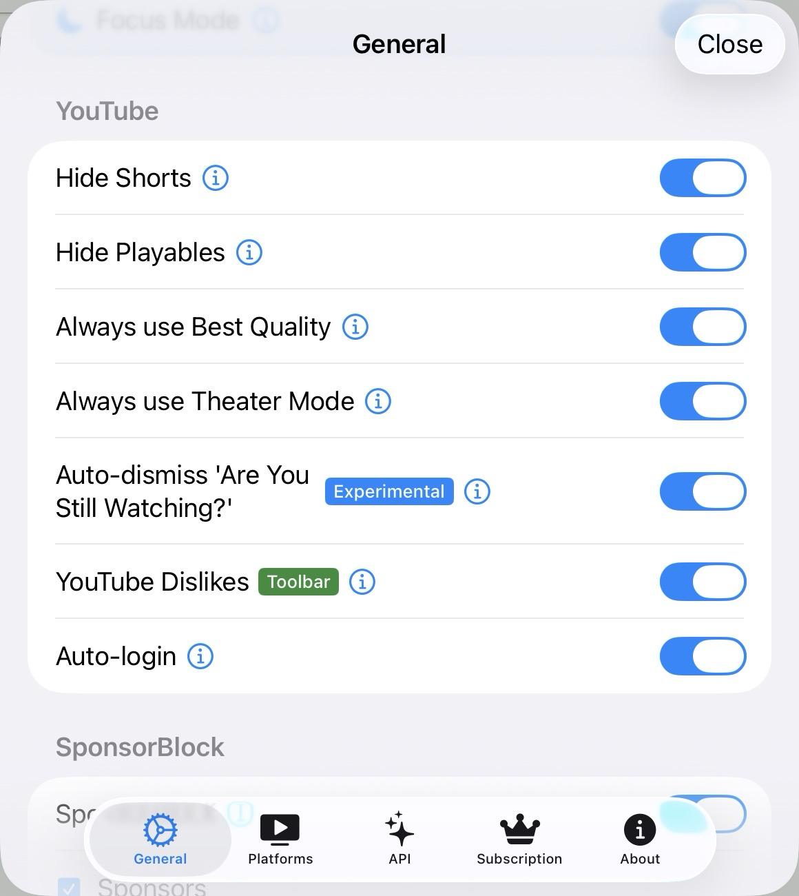 Mira's YouTube settings on iPad, including SponsorBlock category toggles