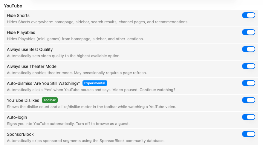 Mira's YouTube settings on macOS, including SponsorBlock category options